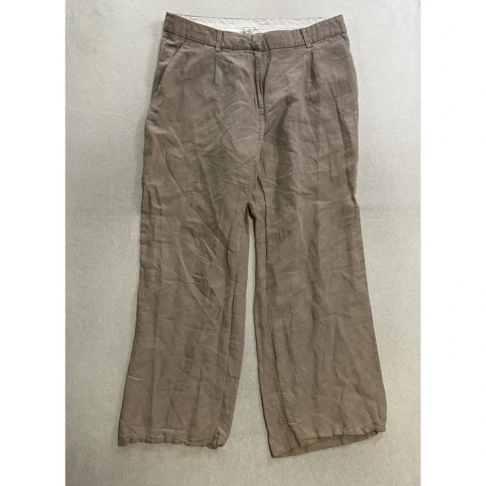 H&M Wide Leg Trousers Pants Women's Size 12 Brown Linen Blend